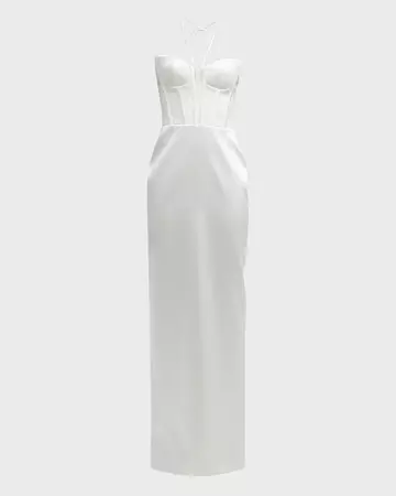 Rasario Halter Tie-Neck Gown w/ Corset Bodice | Neiman Marcus