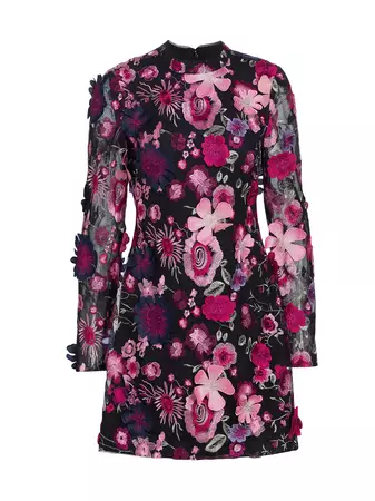 Shop ML Monique Lhuillier Long-Sleeve Floral-Embroidered Minidress | Saks Fifth Avenue