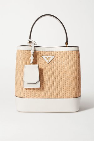 White Panier small textured leather-trimmed straw tote | Prada | NET-A-PORTER