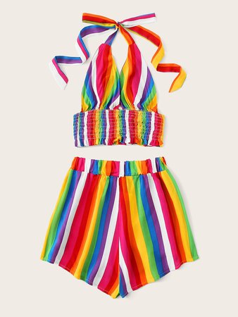 Plus Rainbow Stripe Shirred Halter Top & Shorts | SHEIN