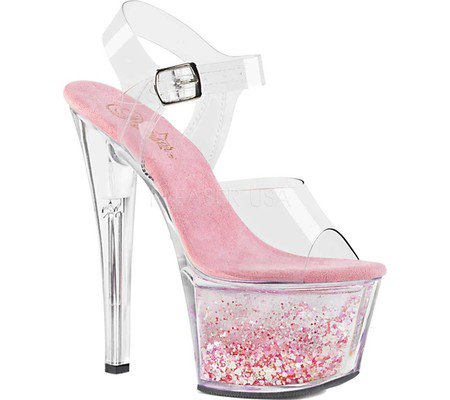 Womens Pleaser Sky 308WHG Heeled Sandal - Clear/Clear Baby Pink Glitter - FREE Shipping & Exchanges