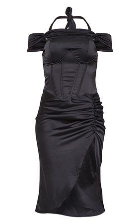 Black Satin Draped Bardot Corset Detail Midi Dress | PrettyLittleThing USA