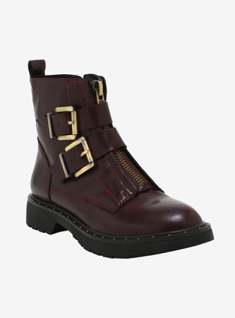 Maroon Double Buckle Ankle Boots