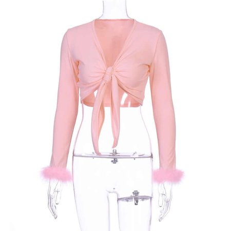 pink mesh tie front crop top with furry sleeve holes