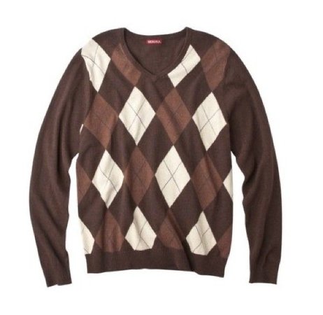 brown and white argyle sweater