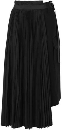 Belted Pleated Wool And Crepe Midi Skirt - Black