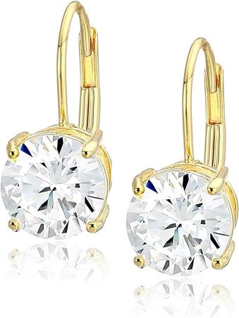 Amazon.com: Amazon Essentials Yellow Gold Plated Sterling Silver Round Cut Cubic Zirconia Leverback Earrings (7.5mm) : Clothing, Shoes & Jewelry