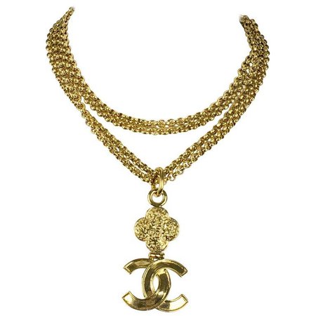 1995 Chanel Gilt Double-Chain Logo Pendant Necklace For Sale at 1stdibs