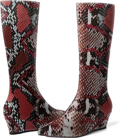 Amazon.com | WAYDERNS Womens Pointed Toe Patent Sexy Party Zip Wedge Low Heel Mid Calf Boots 2 Inch | Mid-Calf