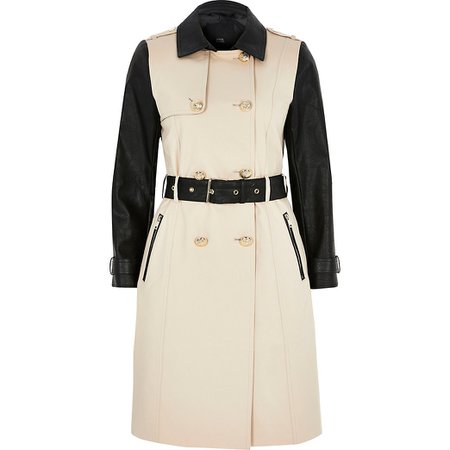 Petite beige faux leather blocked trench coat | River Island