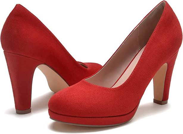 Amazon.com | WuORWu Women's Round Toe Low Platform High Heel Pumps（Red Suede, 8.5） | Shoes