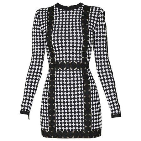 *clipped by @luci-her* Balmain Checkered Stretch-Knit Mini Dress