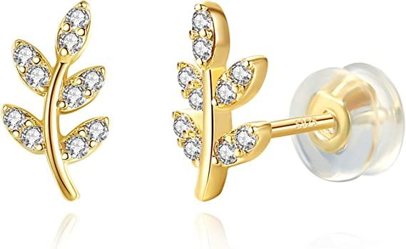 Amazon.com: 14K Gold Plated 925 Sterling Silver Small Cubic Zirconia Leaf Earrings Hypoallergenic Cute Dainty Mothers Day Stud Earrings for Women Little Girls Sensitive Ear: Clothing, Shoes & Jewelry