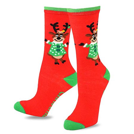 TeeHee Christmas and Holiday Fun Crew Socks for Women 3 Pair Pack (Reindeer Tree & Candy Cane): Clothing