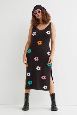 H&M+ Knitted dress - Black/Floral - Ladies | H&M GB