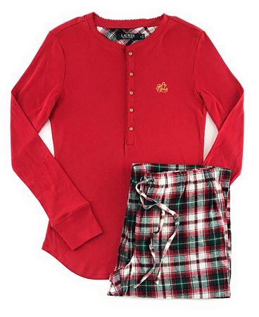 Lauren by Ralph Lauren Womens Henley and Flannel Pants Pajama Set Large Red/White Red Green at Amazon Women’s Clothing store