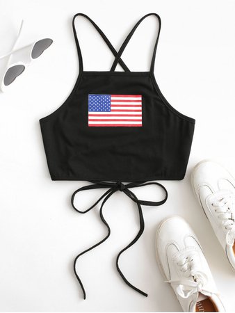 [37% OFF] [POPULAR] 2020 American Flag Lace-up Cropped Cami Top In BLACK | ZAFUL