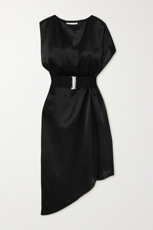 Net Sustain Bordeaux Asymmetric Belted Satin Dress - Black