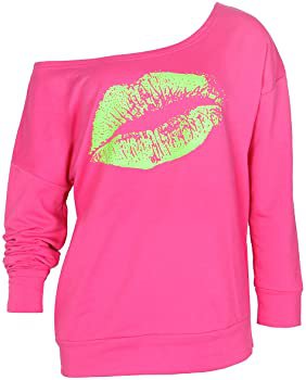 Smile Fish Women's Sexy Slouchy 80s Outfit Sweatshirt Off Shoulder Lips Printed Long Tunics Top(0096,Lip-Rose-NeonGreen,S) at Amazon Women’s Clothing store
