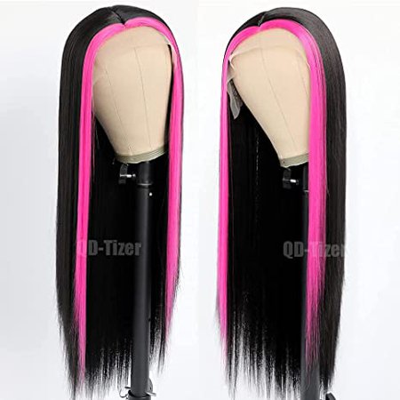 Amazon.com : QD-Tizer Black Hair Color Lace Front Wig Highlights Straight Hair Wigs with Hot Pink Hair Streaks Heat Resistant Fiber Hair Synthetic Lace Front Wigs for Fashion Women : Beauty & Personal Care