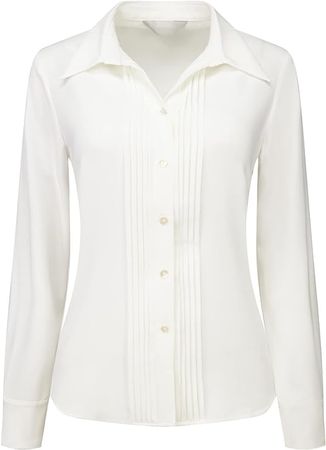 Hobemty Women's Work Top Button Down Long Sleeve Pleated Front Blouse Medium White at Amazon Women’s Clothing store