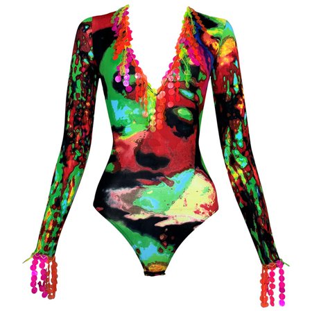 S/S 2000 Jean Paul Gaultier Runway Plunging Face Print Bodysuit Top For Sale at 1stDibs
