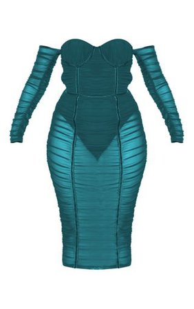 Jasper Green Mesh Ruched Binded Bardot Midi Dress | PrettyLittleThing