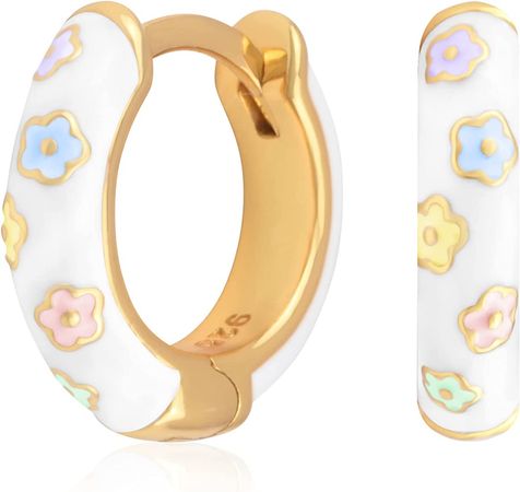 Amazon.com: Gold Plated Sterling Silver White Enamel Multicolor Flowers Huggie Earrings: Clothing, Shoes & Jewelry