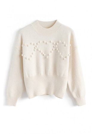 Pom-Pom Heart Knit Sweater in Cream - NEW ARRIVALS - Retro, Indie and Unique Fashion
