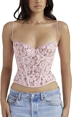 Women's Lace Crop Top Sexy V Neck Spaghetti Strap Tank Top Cami Sleeveless Patchwork Camisole Shirt at Amazon Women’s Clothing store