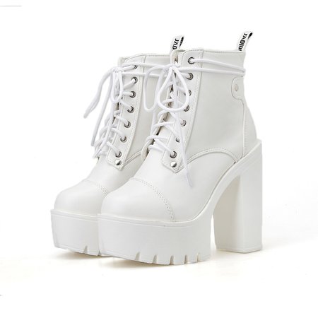 Lace Up Cross Tied Platform High Heels Ankle Boots for Women White boots Black Block Heel Shoes Punk Gothic Combat Boots