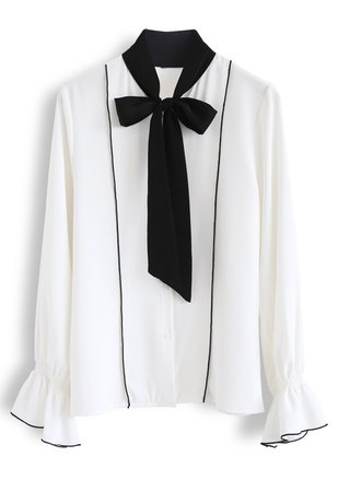 Contrasted Color Bow Neck Shirt in White