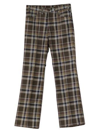 Retro 70s Flared Pants / Flares (Levis) : 70s -Levis- Mens brown, tan, grey and white cotton flannel plaid pants with four pocket cut zip fly, and slightly flared legs.