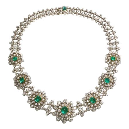 Victorian Emerald and Diamond Cluster Necklace