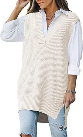Viottiset Women's Oversized V Neck Knit Sweater Vest Tunic Sleeveless Pullover Top at Amazon Women’s Clothing store
