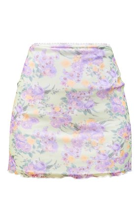 Lime Floral Lettuce Hem Skirt | Skirts | PrettyLittleThing