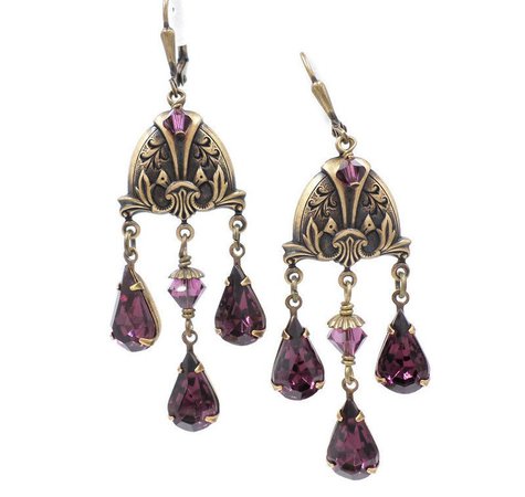 Purple Vintage Glass Chandelier Earrings Medieval Brass | Etsy