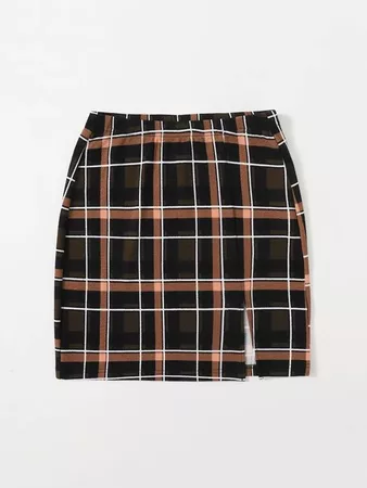 Split Hem Plaid Skirt | SHEIN USA brown