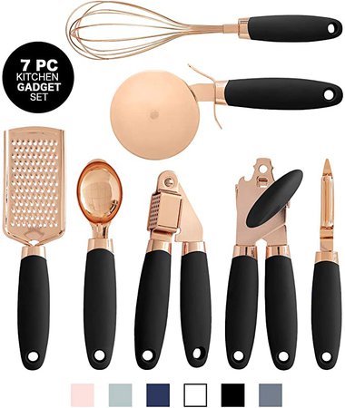 Amazon.com: COOK With COLOR 7 Pc Kitchen Gadget Set Copper Coated Stainless Steel Utensils with Soft Touch Black Handles …: Kitchen & Dining