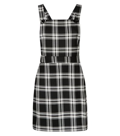 Black Check Button Strap Pinafore Dress | New Look