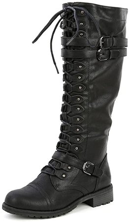 Amazon.com | Wild Diva Timberly Women's Fashion Lace Up Buckle Knee High Combat Boots | Knee-High