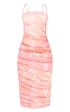 PLT Tall Pink Floral Print Mesh Ruched Midi Dress