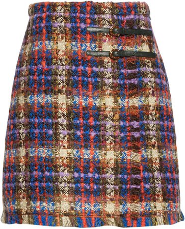 Belted Wool Blend Tweed Miniskirt