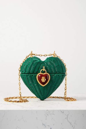 Heart Box Embellished Rattan And Patent-leather Shoulder Bag - Green