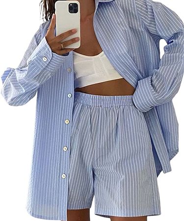 Amazon.com: Women Casual 2 Piece Tracksuit Loose Button Blouse Shirt Top High Wasit Elastic Shorts Set Loungewear Summer Outfits : Clothing, Shoes & Jewelry
