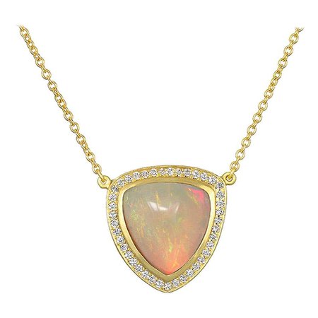 Faye Kim 18 Karat Gold Ethiopian Opal Pendant Necklace with Diamond Halo For Sale at 1stDibs