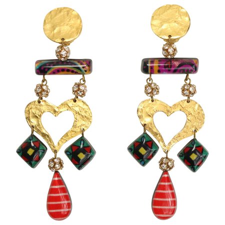 Christian Lacroix Multicoloured Heart Drop Clip On Earring For Sale at 1stDibs