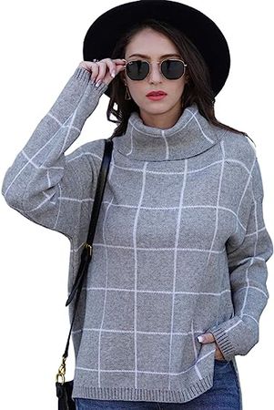 Locachy Women's Turtleneck Plaid Pullover Knit Sweater Long Sleeves Side Split Loose Sweaters Jumper Tops at Amazon Women’s Clothing store