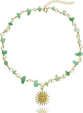Amazon.com: QqzsJewls Healing Green Crystal and Stone Choker Necklace Good Luck Real Aventurine Bead y2k Necklace Dainty Gold Plated Sun Pendant Rosary Necklace Women Spiritual Vintage Gemstone Necklace: Clothing, Shoes & Jewelry