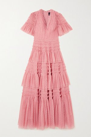 Pink Clarabelle ruffled tiered point d'esprit gown | Needle & Thread | NET-A-PORTER